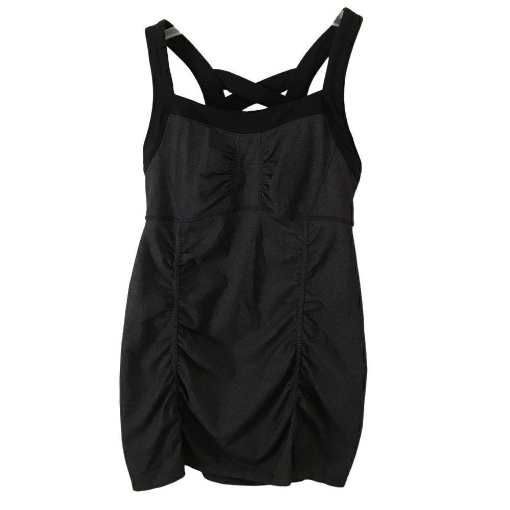 Athleta scrunch ruched‎ crisscross athletic long charcoal gray tank top XS